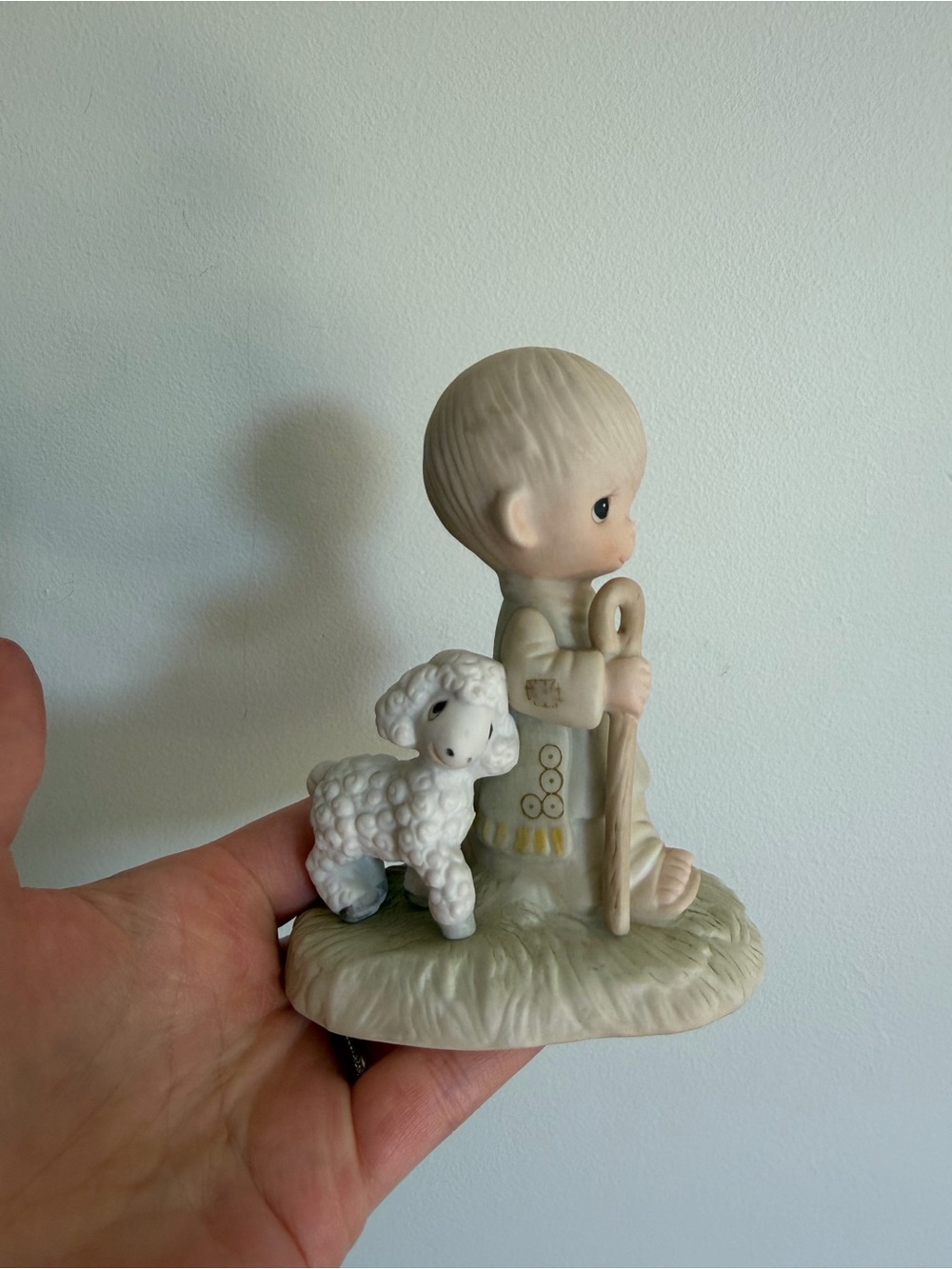 Vintage Precious Moments Cream Pastel Shepherd Boy with Lamb He leadeth me